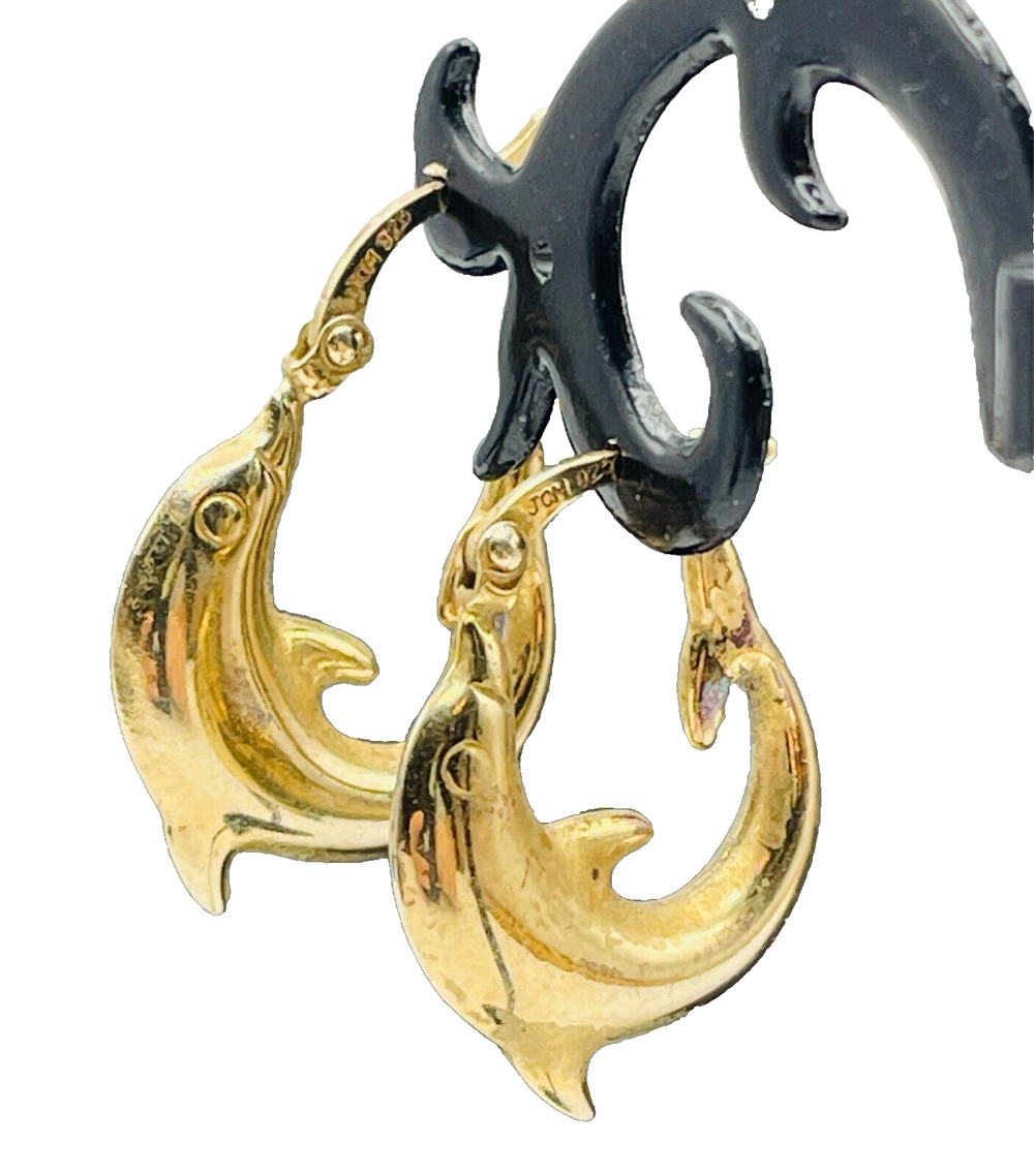 Yellow Gold Vermeil Sterling Silver Dolphin Hoop Earrings Signed 925 JCM Jacmel